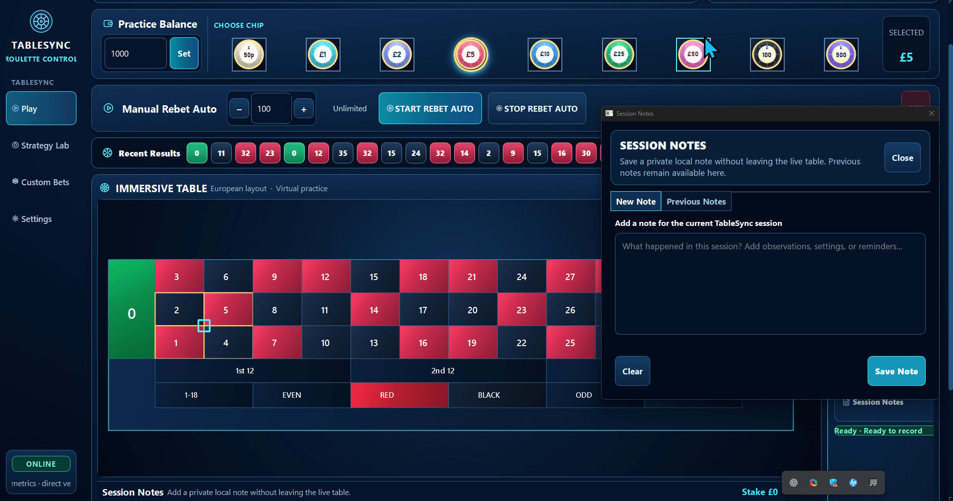 TableSync Session Notes panel beside the virtual roulette practice board