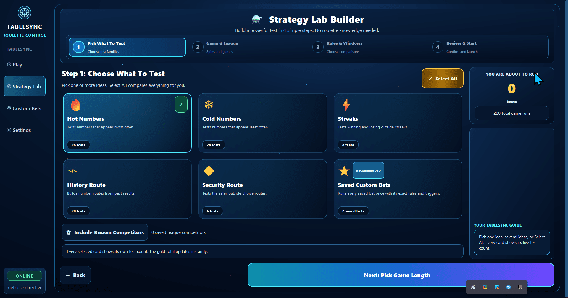 TableSync Strategy Lab Builder showing configurable historical test families