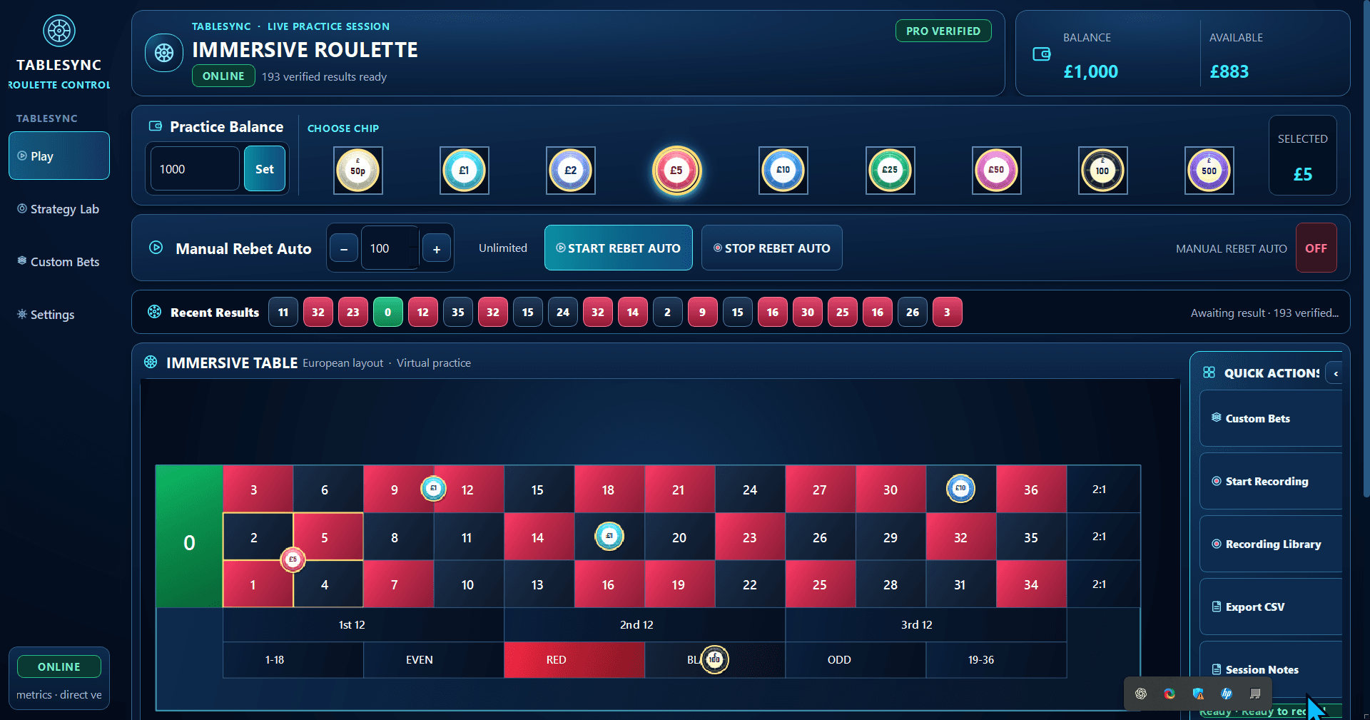 TableSync Windows virtual roulette workspace with the European board, practice balance and recent results
