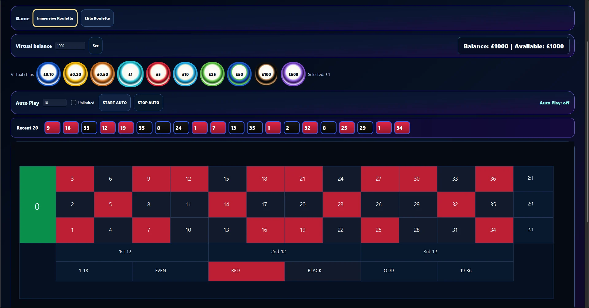 TableSync virtual chip placement area across a European roulette board