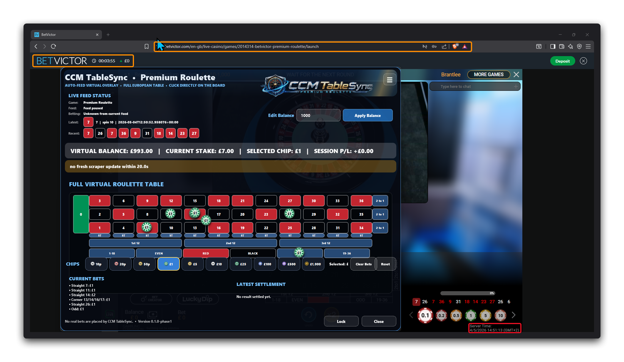 TableSync roulette practice screen